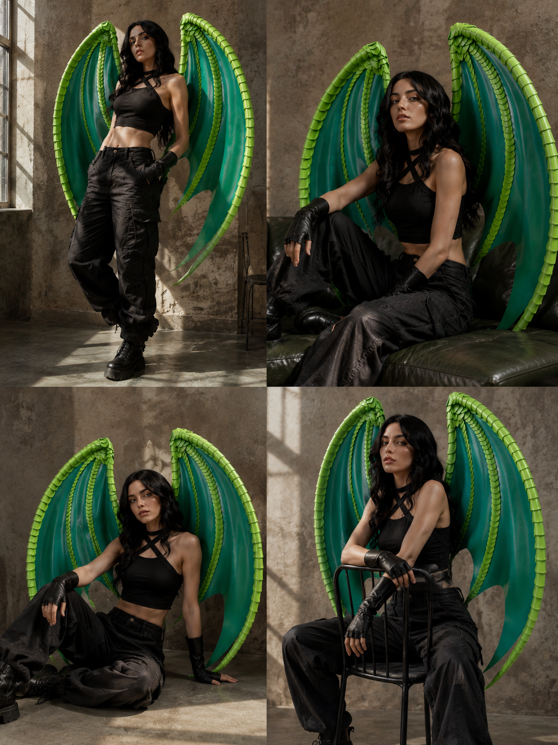 Woman with large green wings in various poses against a textured wall.