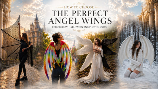 Fantasy angel wings collection featuring black bat cape wings, rainbow dragon wings, black and white angel and demon wings, and white fantasy wings for cosplay, Halloween costumes, LARP events, and professional photoshoots.
