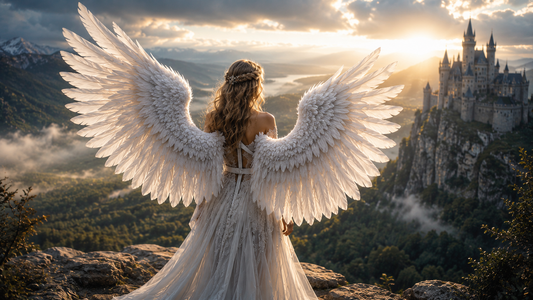 Woman wearing large white feather angel wings attached to her back while overlooking a fantasy castle at sunrise, magical fantasy photoshoot inspiration for cosplay and photography.