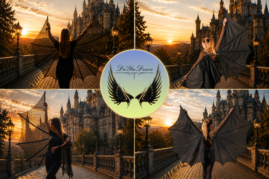 Women modeling large black bat wings and lace fantasy wings in front of a gothic castle at sunset, Halloween costume inspiration for women.