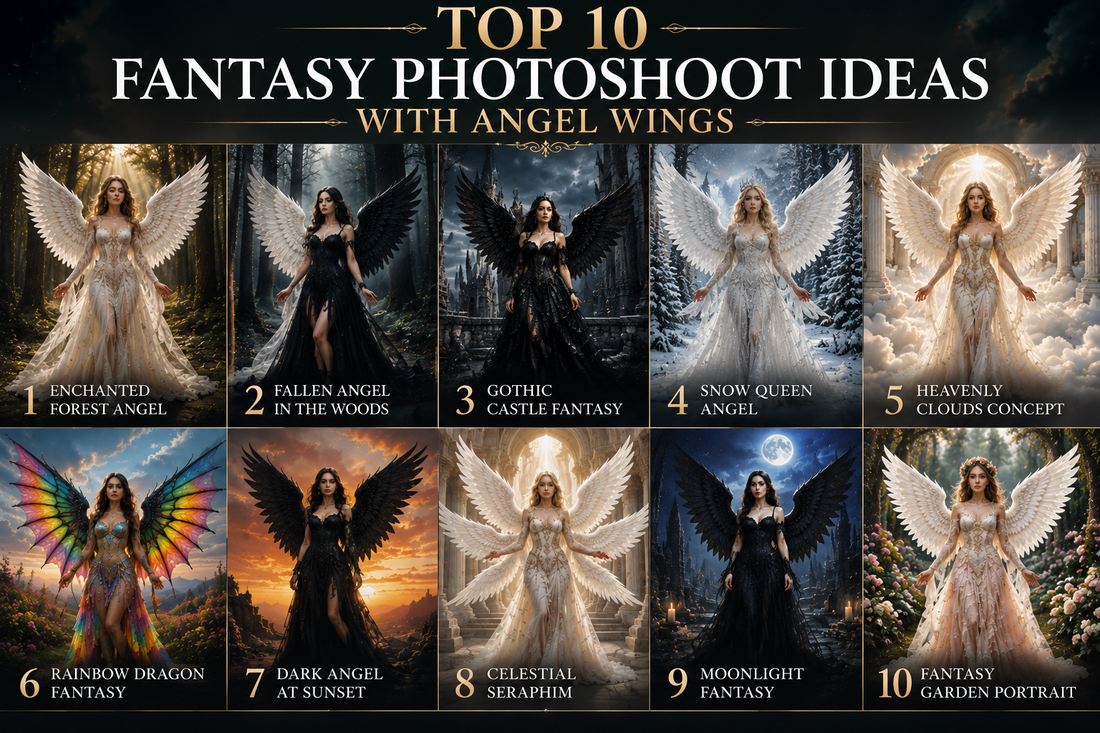 Fantasy photoshoot inspiration featuring angel wings, black and white feathered wings, dragon wings, and celestial cosplay costumes in magical outdoor and fantasy settings.