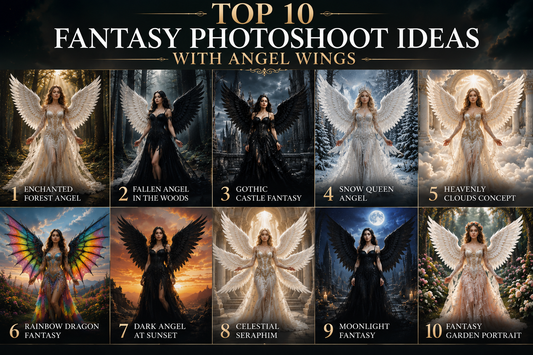 Fantasy photoshoot inspiration featuring angel wings, black and white feathered wings, dragon wings, and celestial cosplay costumes in magical outdoor and fantasy settings.