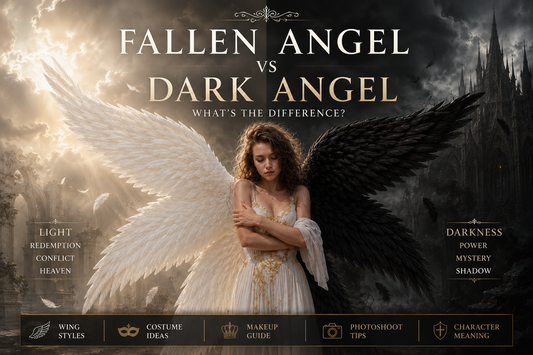 Fallen Angel vs Dark Angel with black and white feathered wings for cosplay, Halloween, fantasy photoshoots, and gothic costume inspiration.