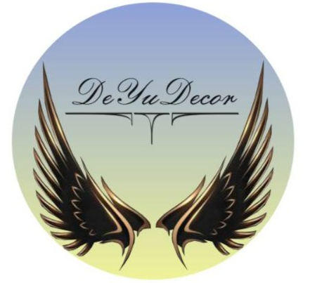 Logo of DeYuDecor with wings on a gradient background
