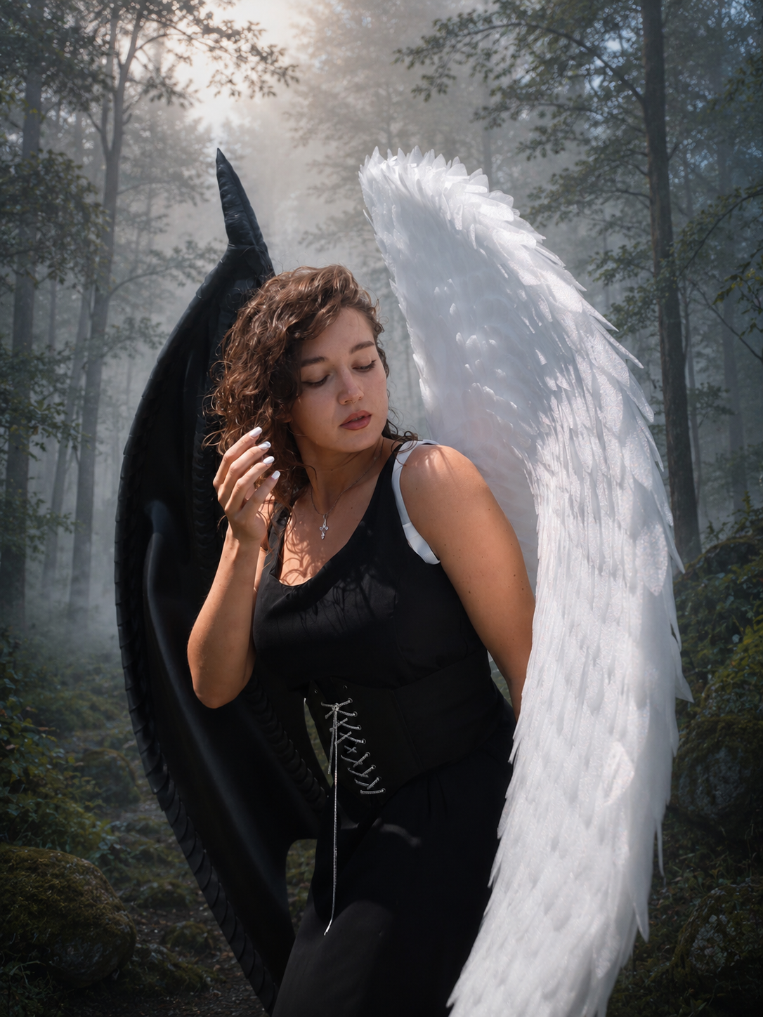 Angel and Demon Wings Costume – Large Black and White Fantasy Wings for Cosplay, Photoshoots, Halloween & LARP