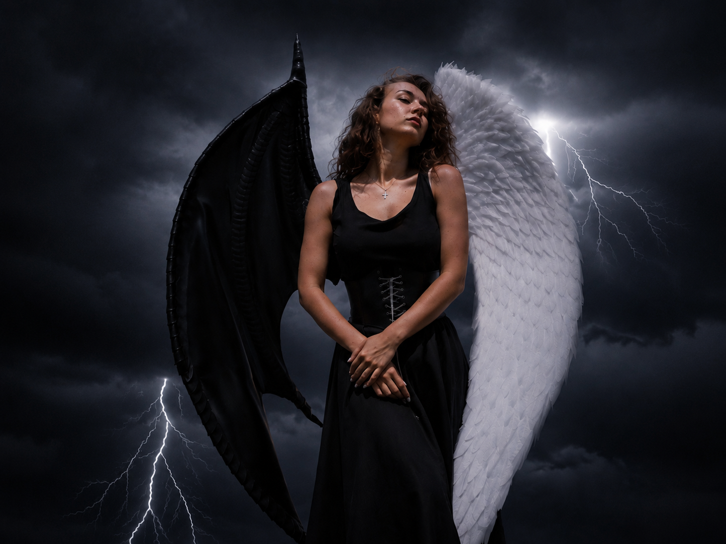 Angel and Demon Wings Costume – Large Black and White Fantasy Wings for Cosplay, Photoshoots, Halloween & LARP