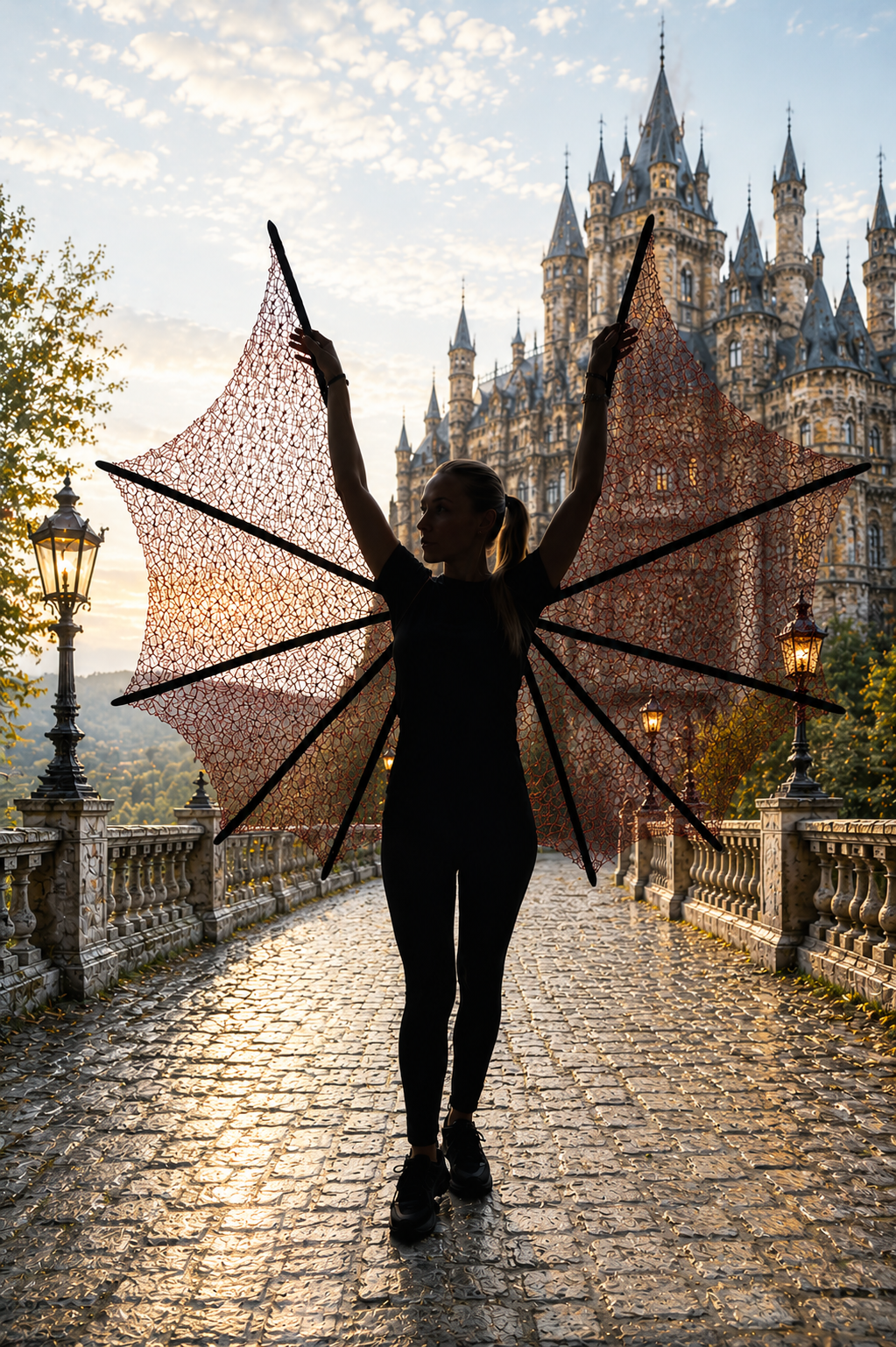 Person in bat wings costume with a castle in the background