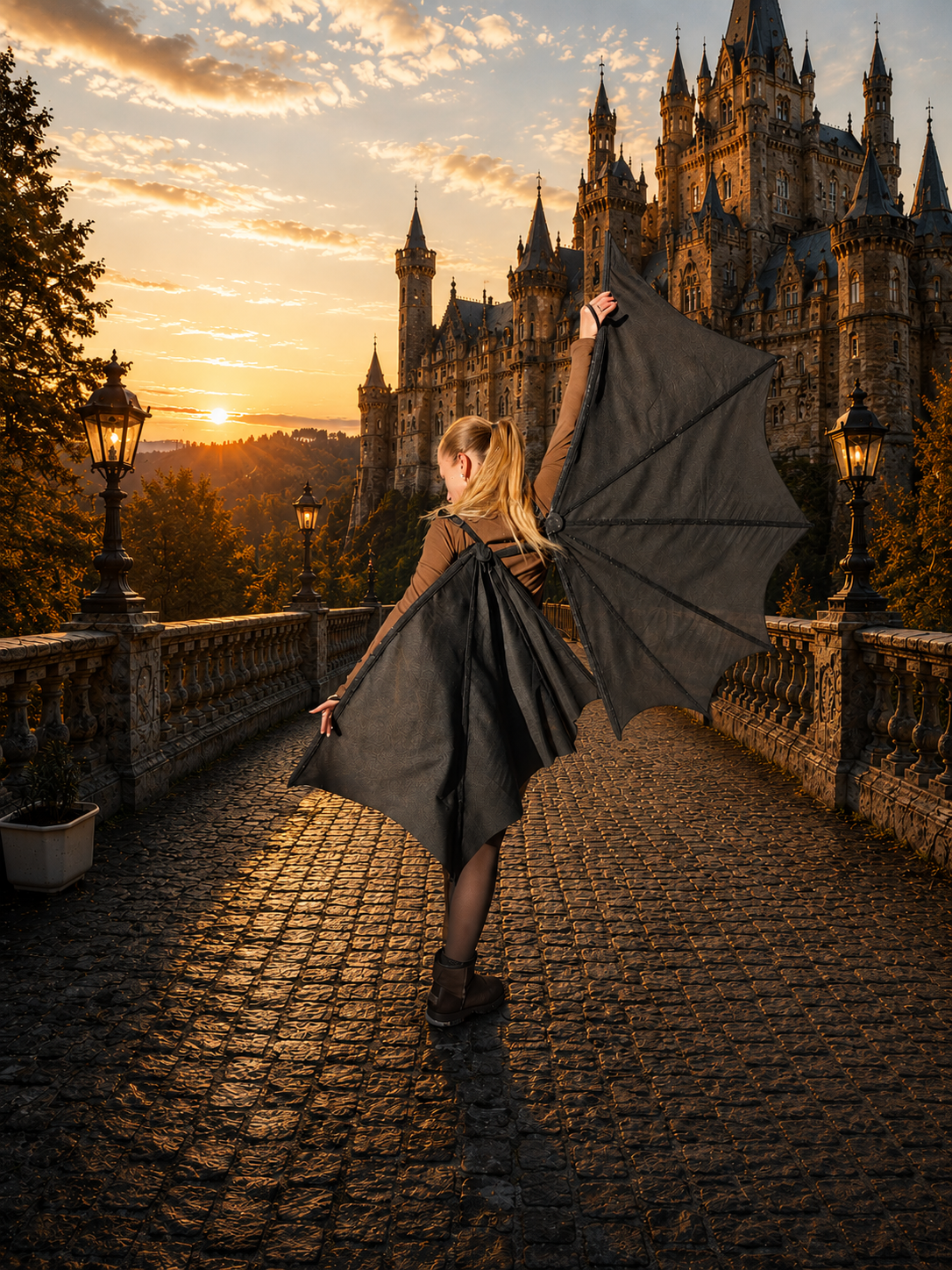 Woman with a black bat wings cloak standing in front of a castle at sunset