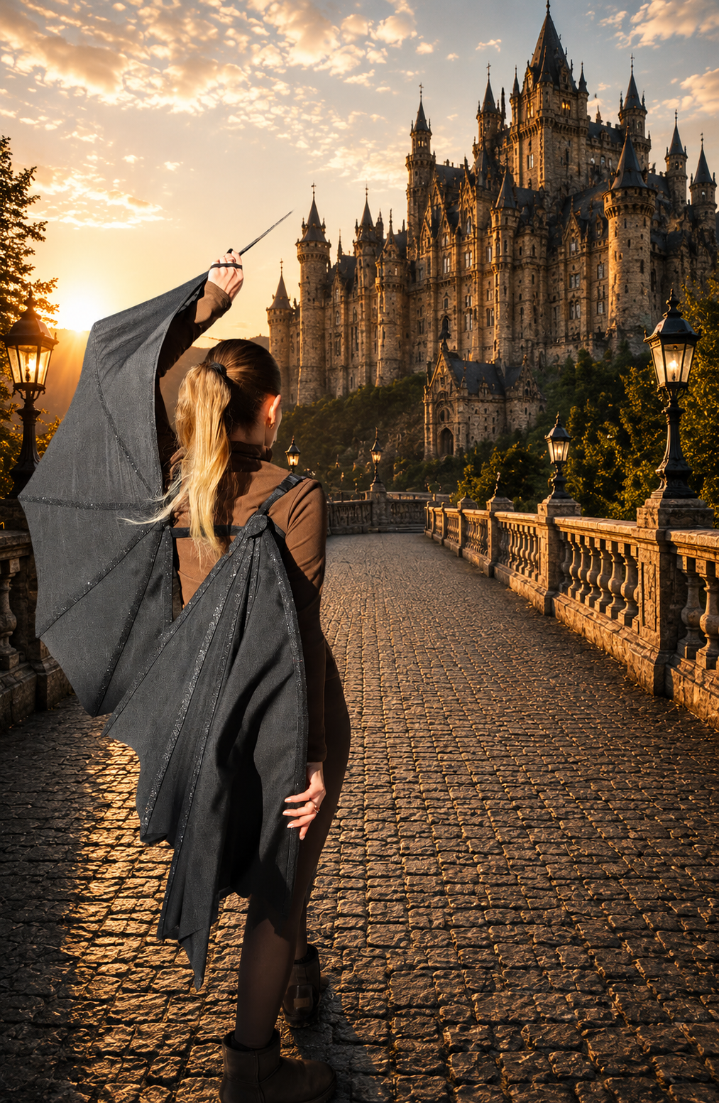 Woman in a bat-wig costume in front of a castle at sunset.