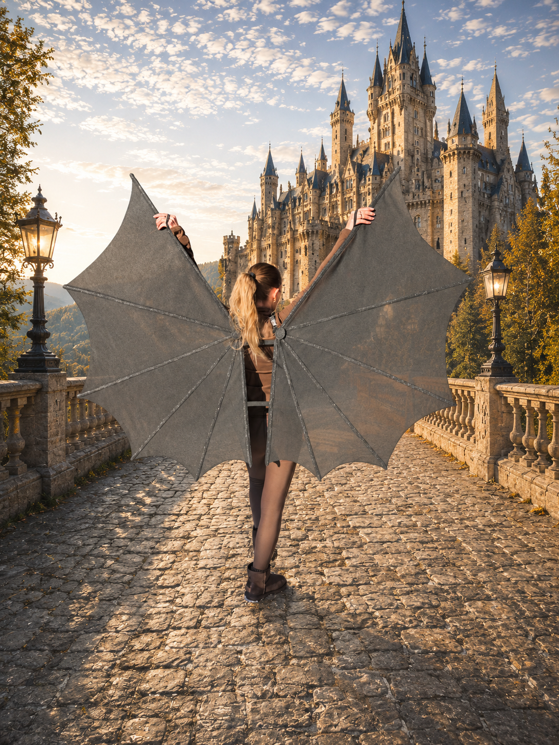 Person wearings large gray wings costume in front of a castle