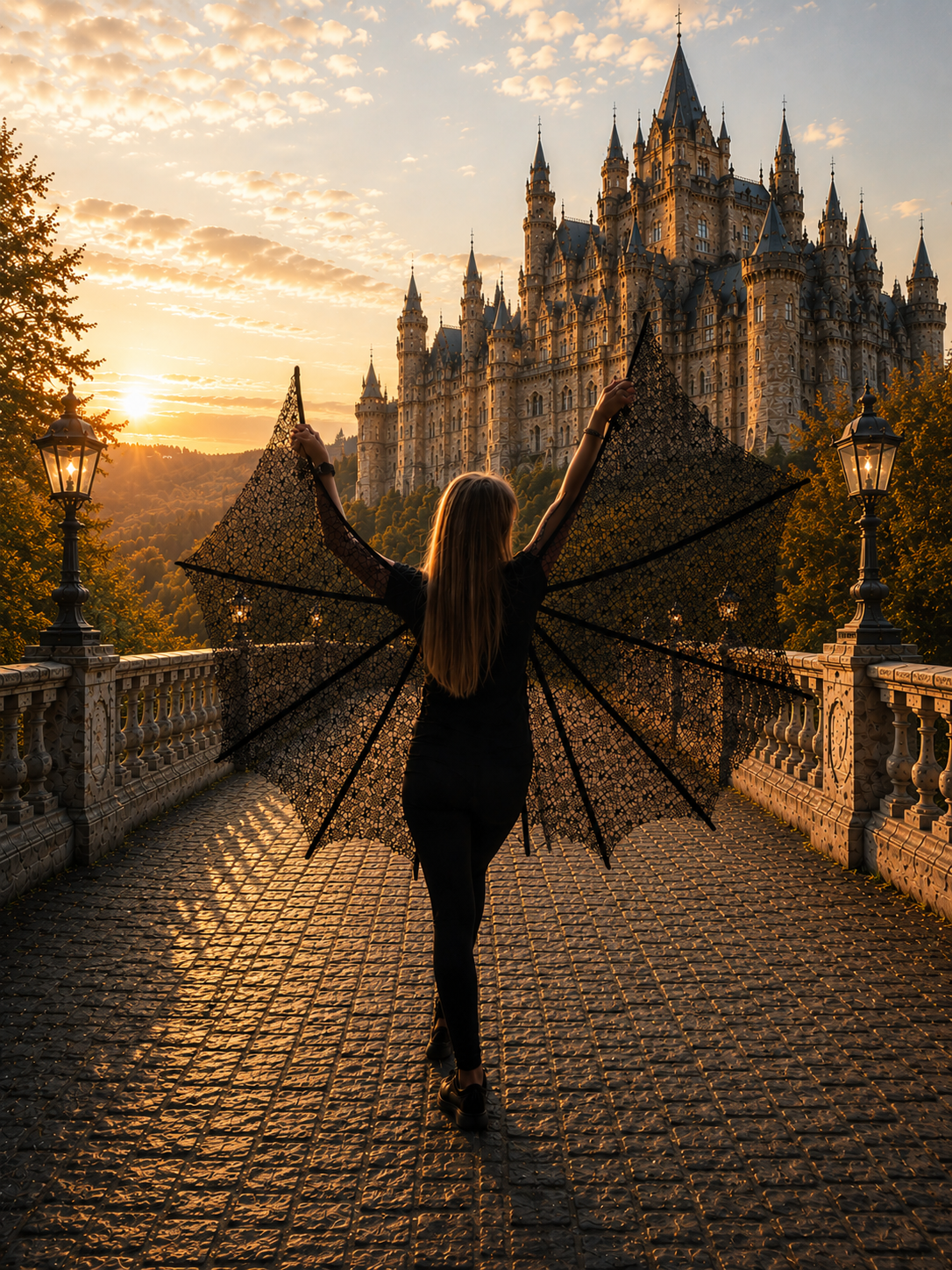 Person with cosplay bat wings in front of a castle at sunset