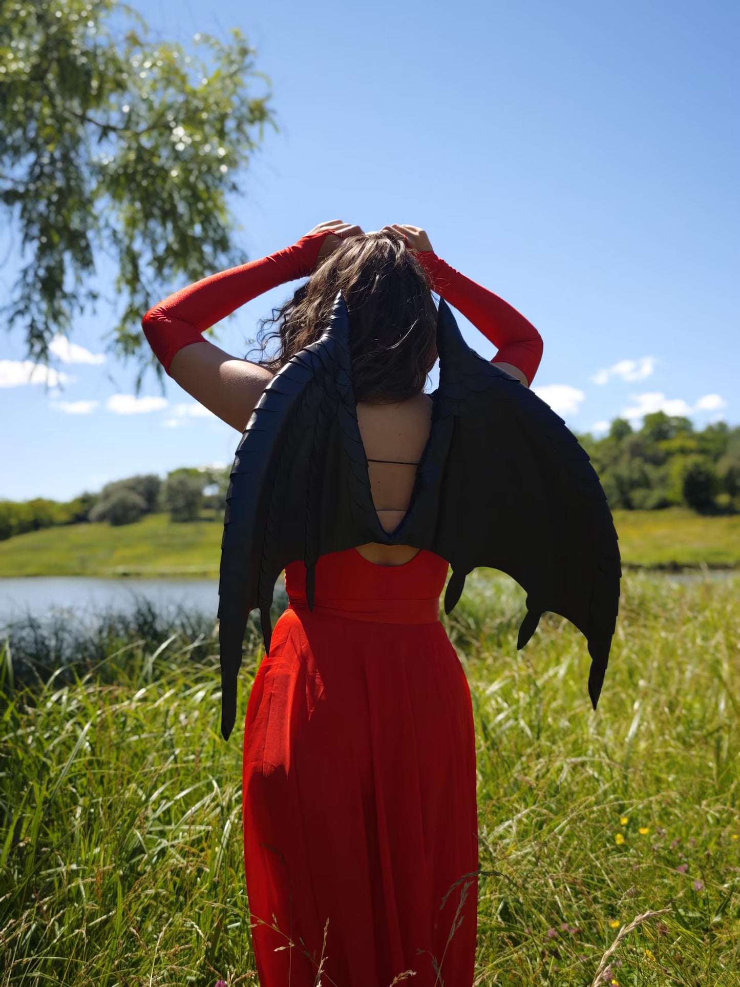 Person wearing a red dress and black dragon wings in a grassy field with a lake and trees in the background