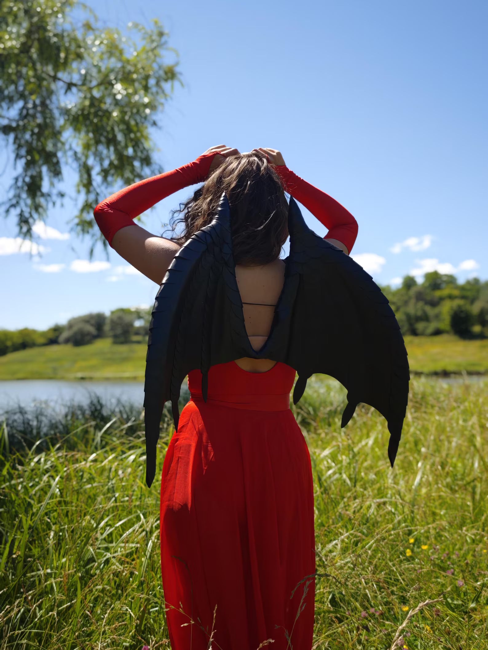 Person wearing a red dress and black dragon wings in a grassy field with a lake and trees in the background