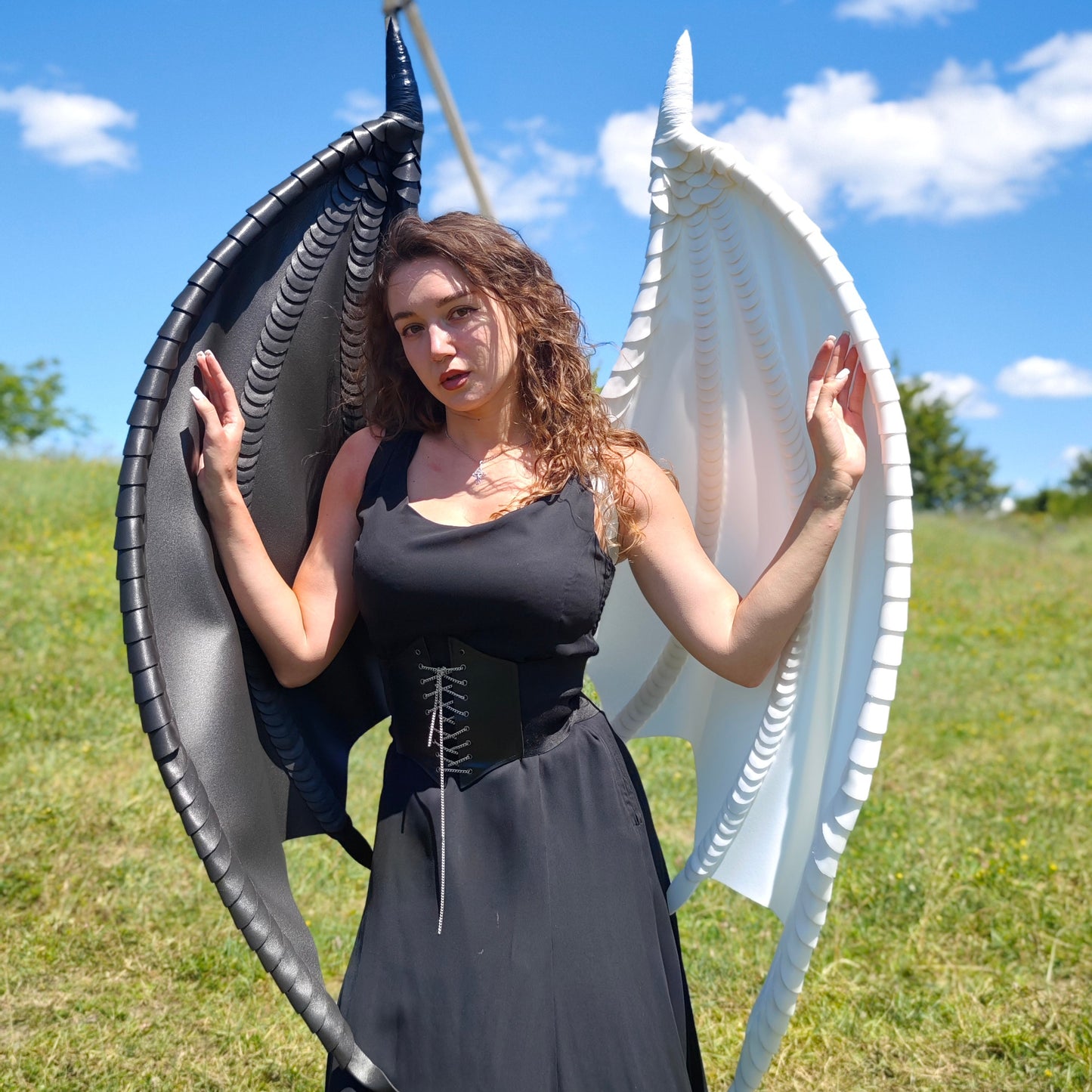 Woman in a black dress with large, decorative wings standing outdoors on a grassy field.