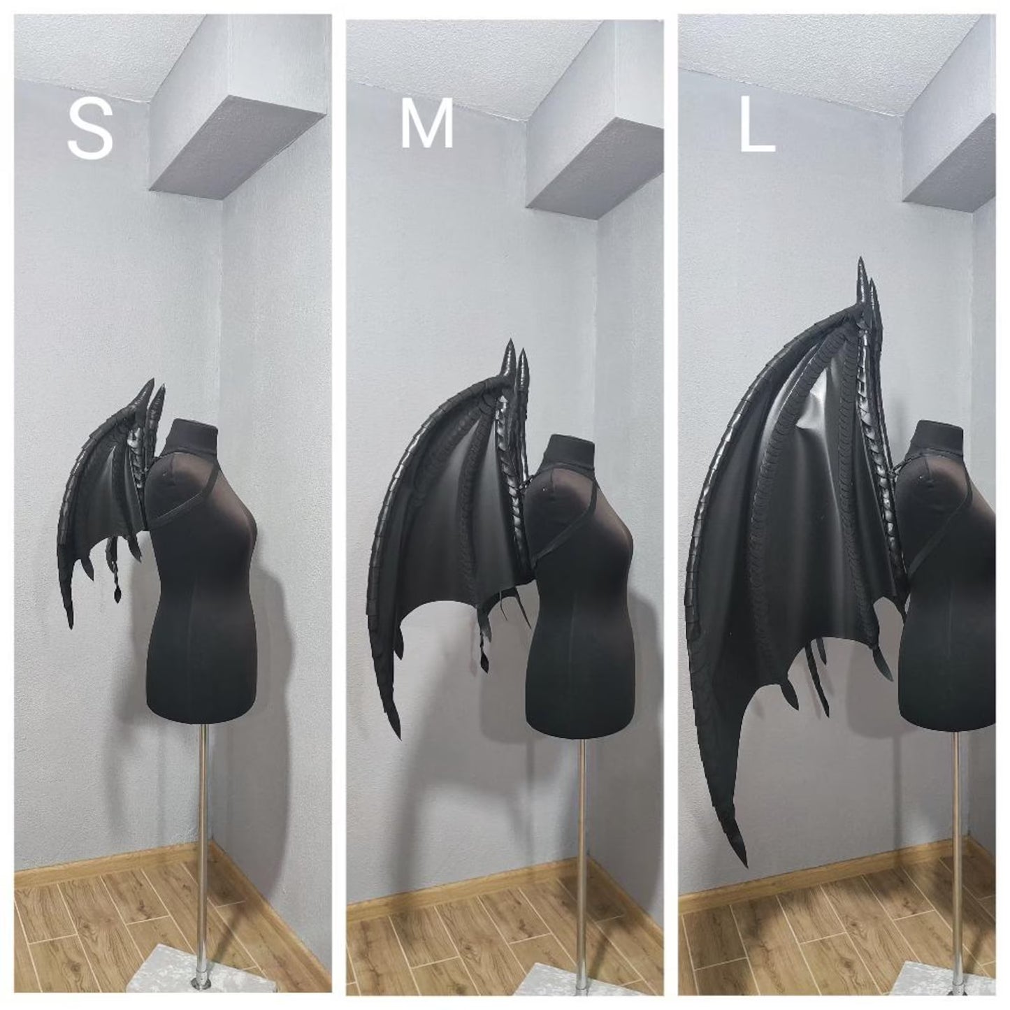 Black winged costume on mannequins labeled S, M, and L against a plain background.
