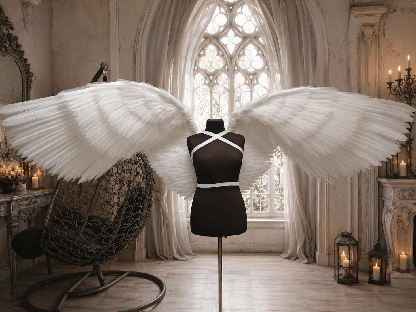 Mannequin with large white wings in a gothic-style room with arched windows and candlelit ambiance.