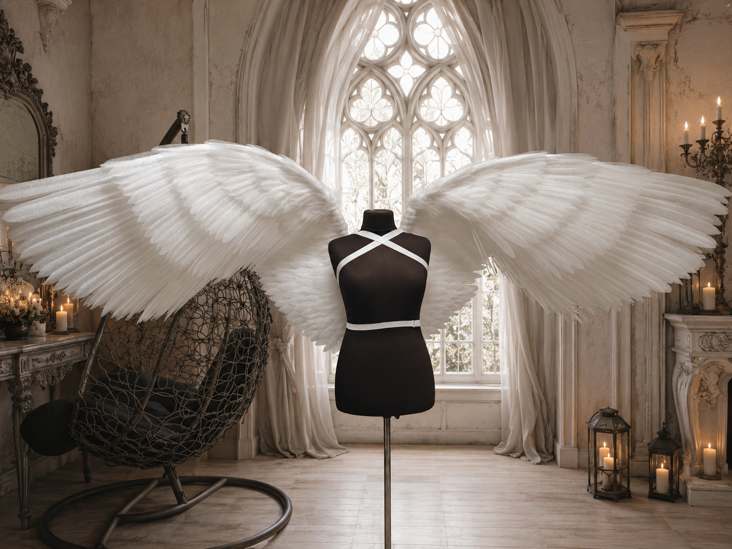 Mannequin with large white wings in a gothic-style room with arched windows and candlelit ambiance.