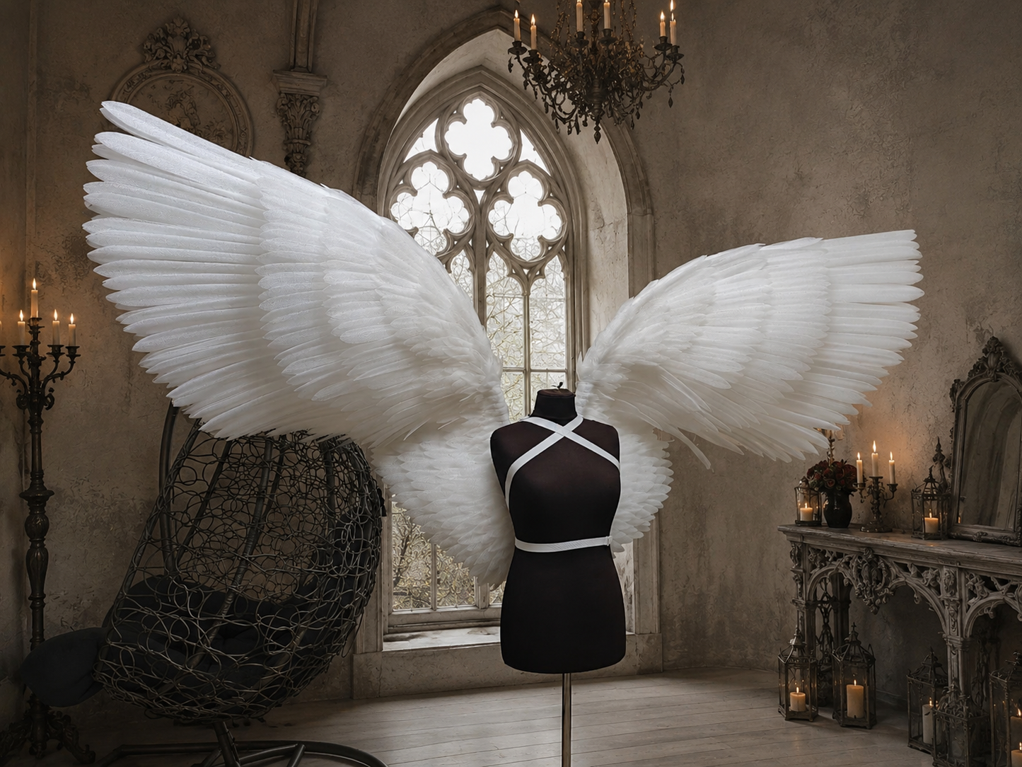 White angel wings on a mannequin in a gothic-style room with candles and a large window.