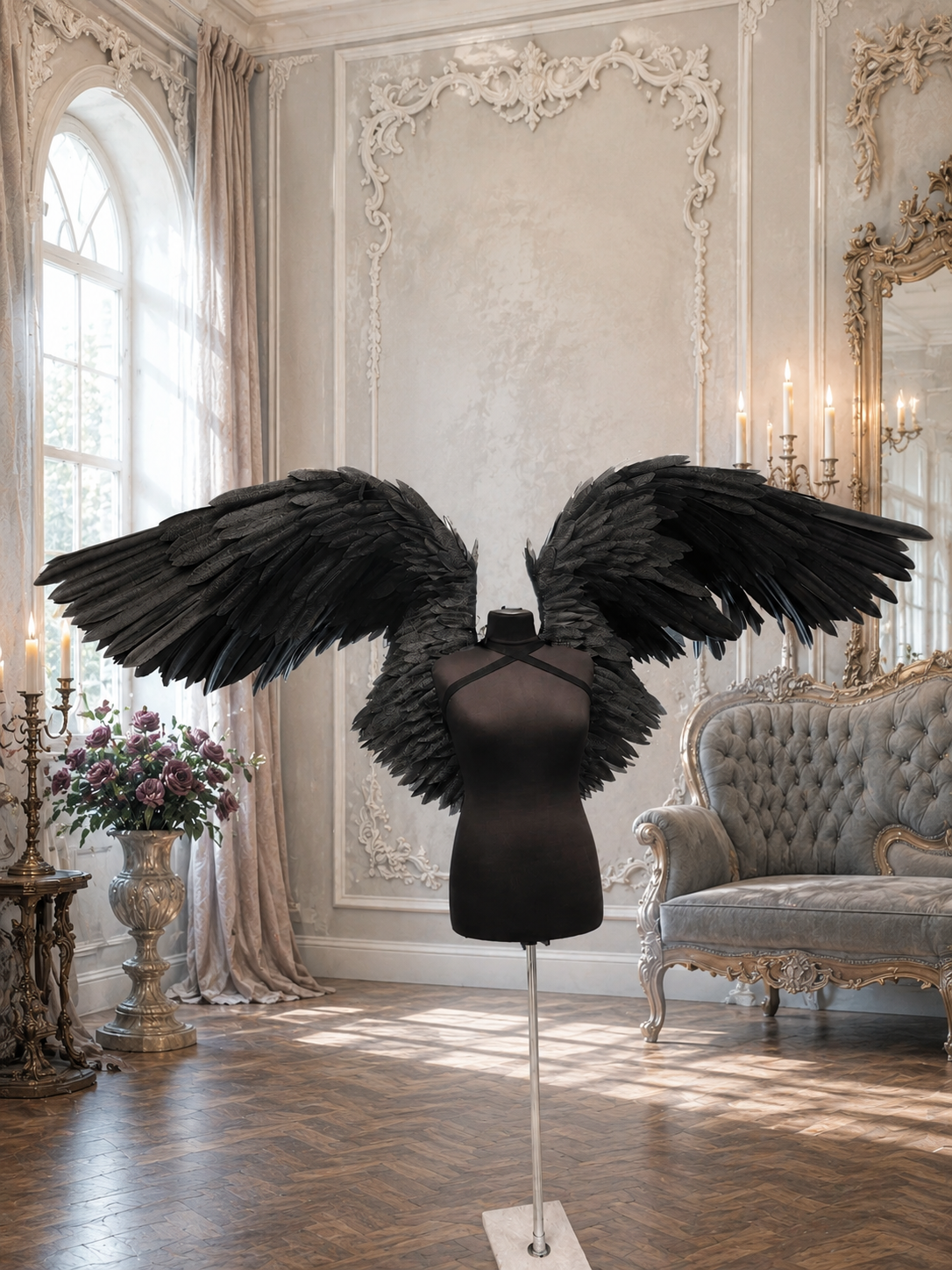 Black feathered wings on a mannequin in an elegant room with decorative walls and furniture.