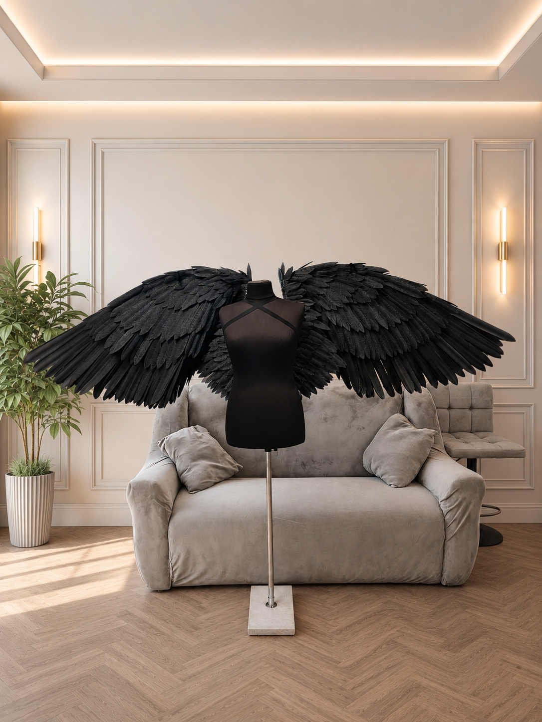 Black feathered wings on a mannequin in a living room setting