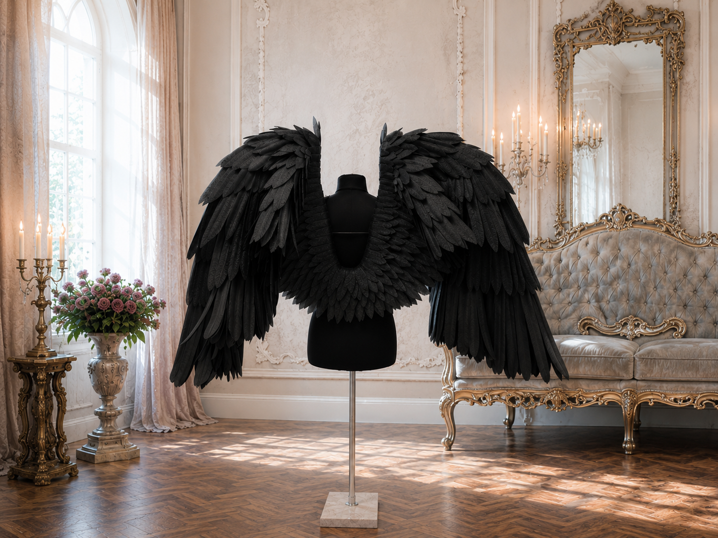 Black feathered wings on a mannequin in an elegant room with a mirror and sofa.