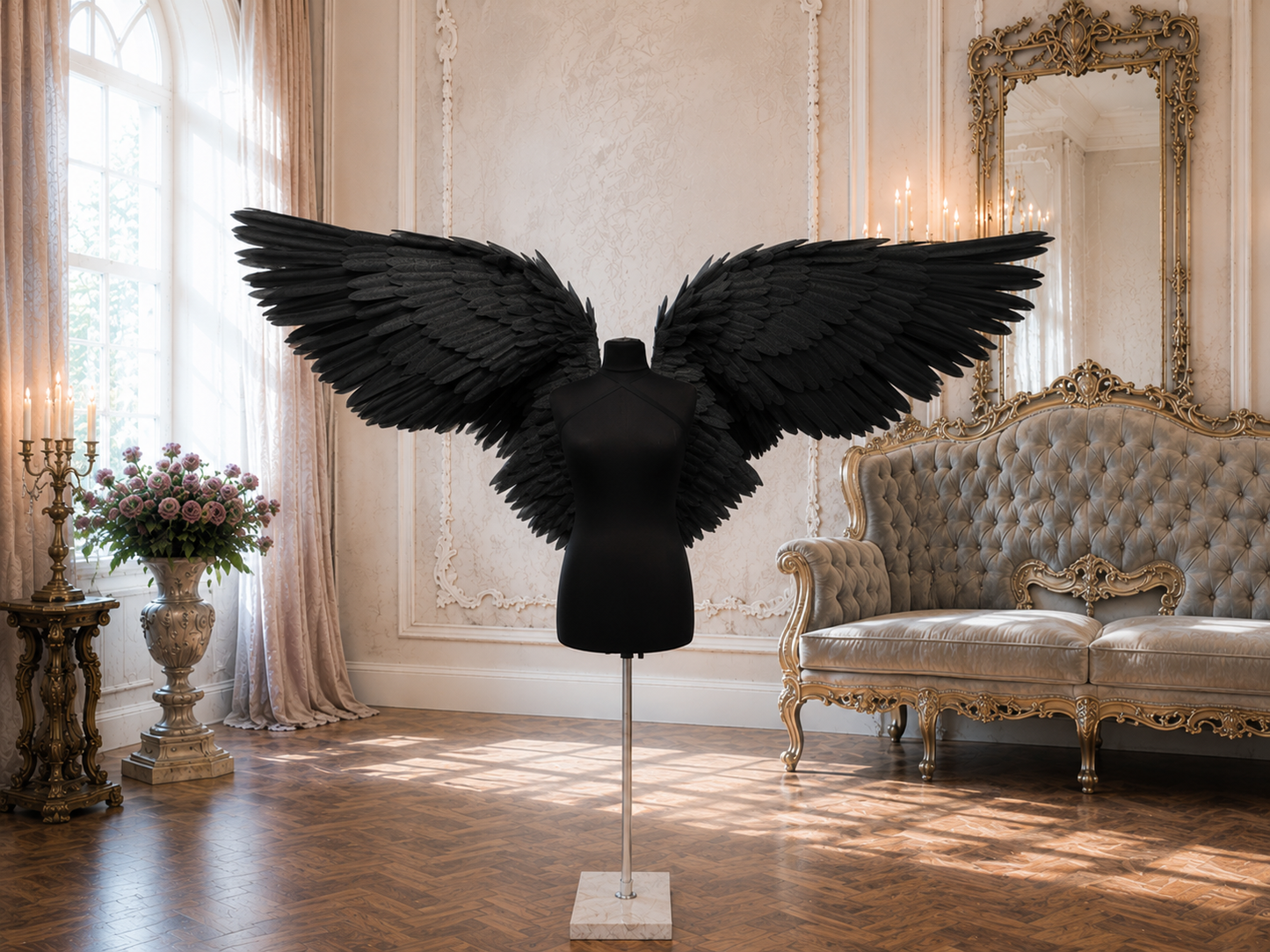 Black feathered wings on a mannequin in an elegant room with a sofa and mirror.