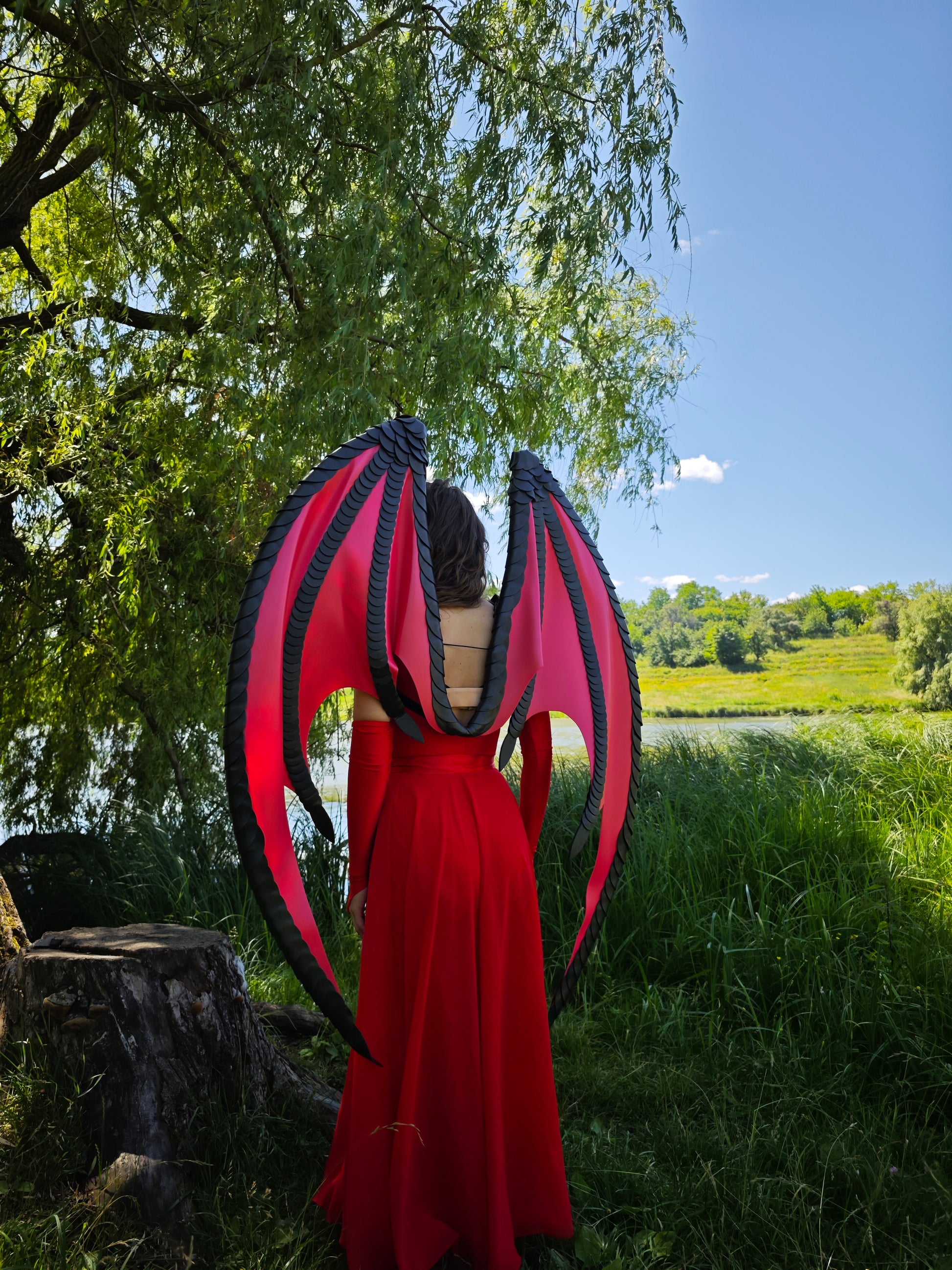 Person wearing a red dress with large black and red wings standing in a natural setting with trees and grass.