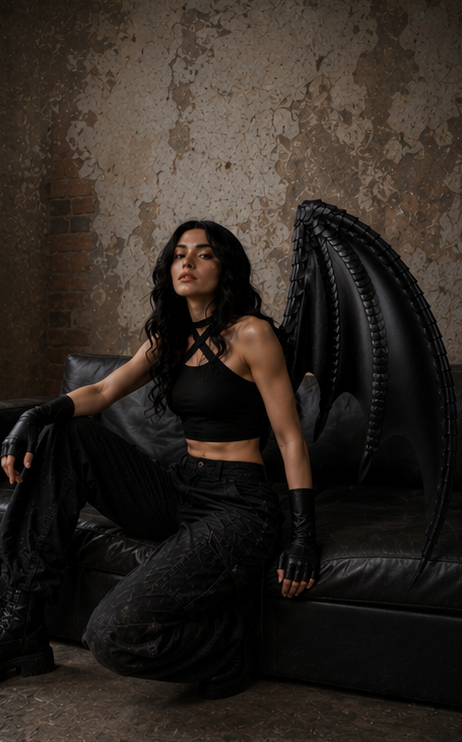 Woman in black outfit with dragon wings sitting on a dark couch against a textured wall.