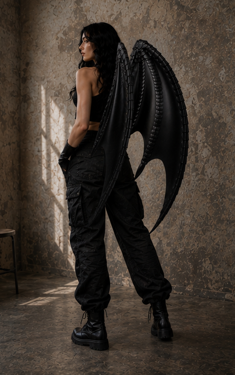 Person wearing black angel wings against a textured wall.