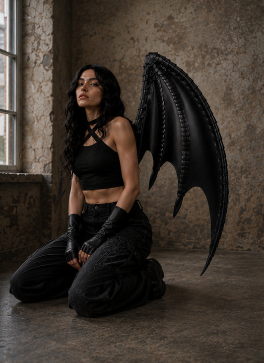 Person wearing black dragon wings in a dark, textured room.