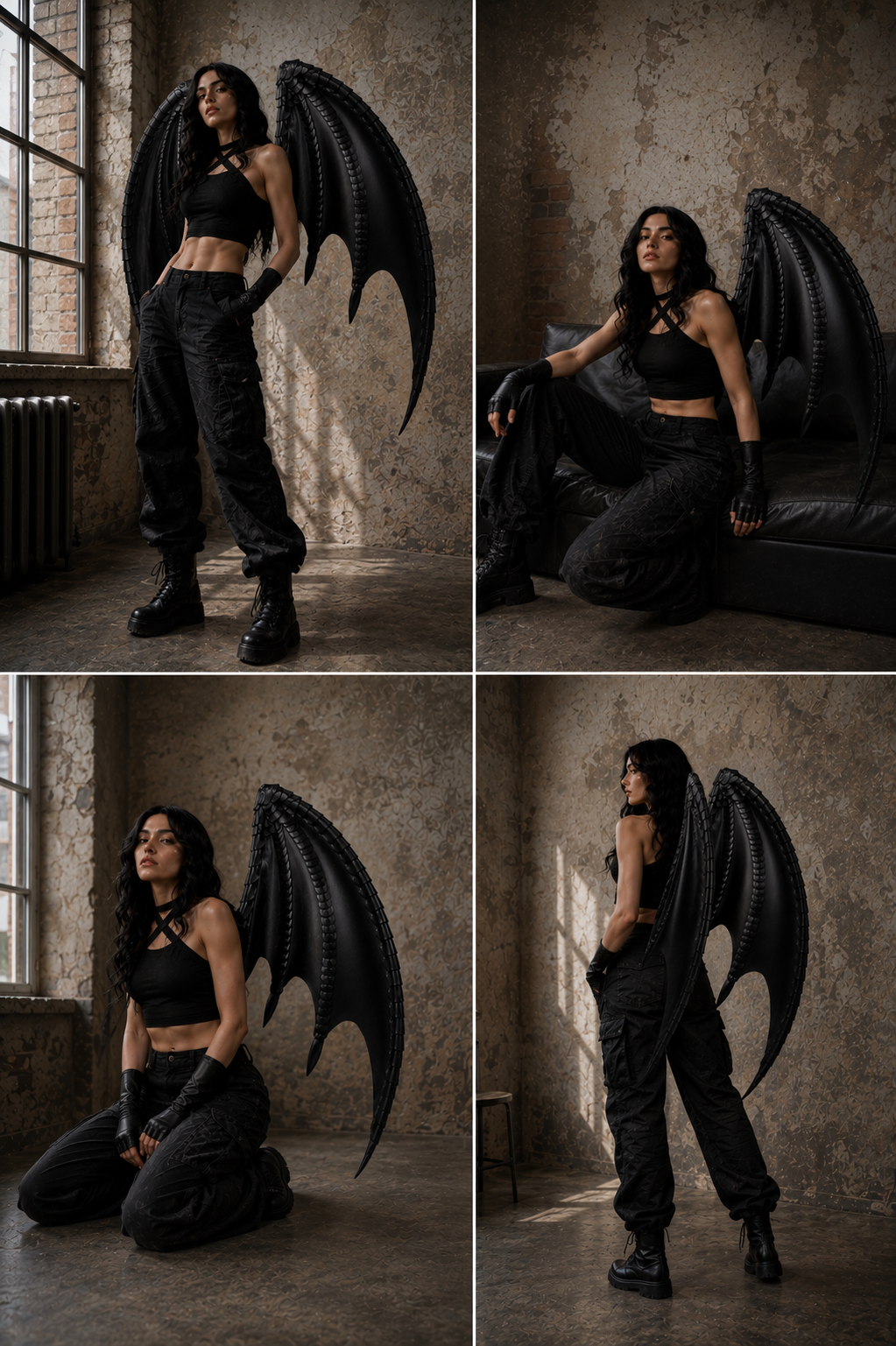 Collage of a person wearing black dragon wings in various poses against a textured wall.