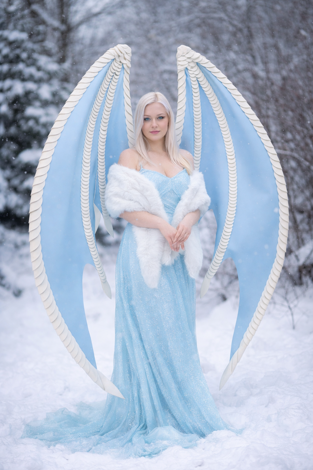 Woman in a light blue dress with angel wings standing in a snowy landscape