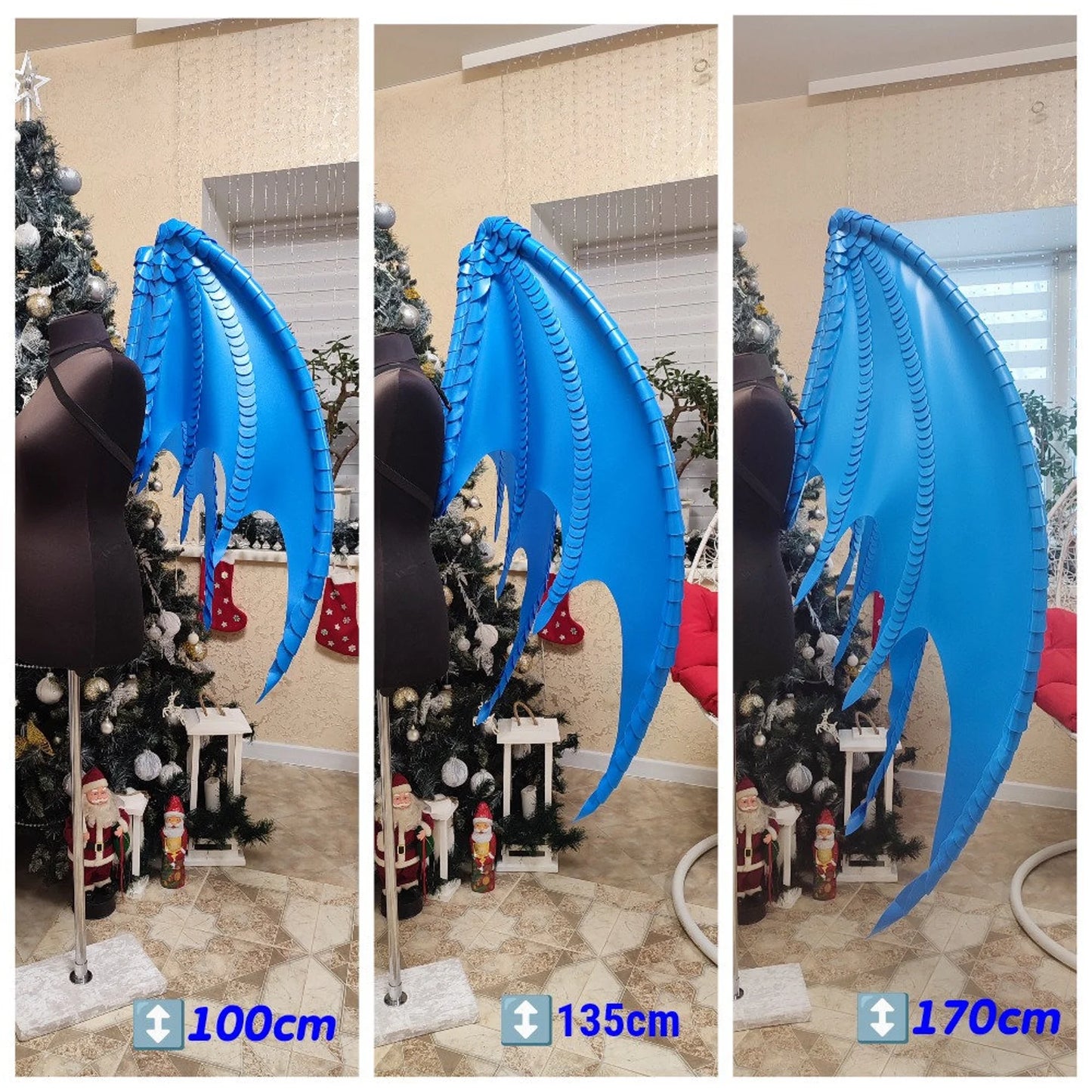 Three views of a blue dragon tail prop in front of a decorated Christmas tree.