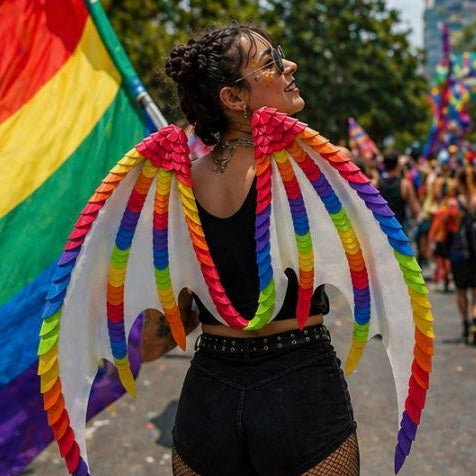 Person wearing a rainbow wings at a pride parade with a rainbow flag in the background.