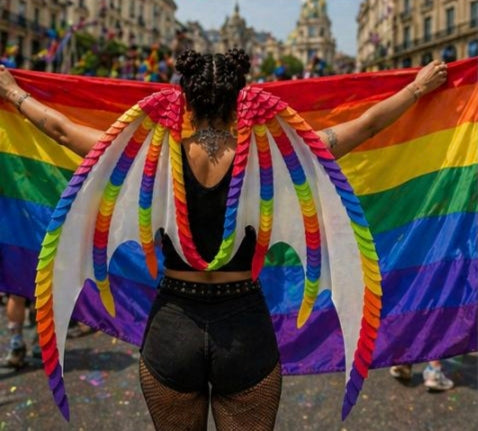 Person holding a large rainbow LGBTQ+ flag with colorful wings in an outdoor setting