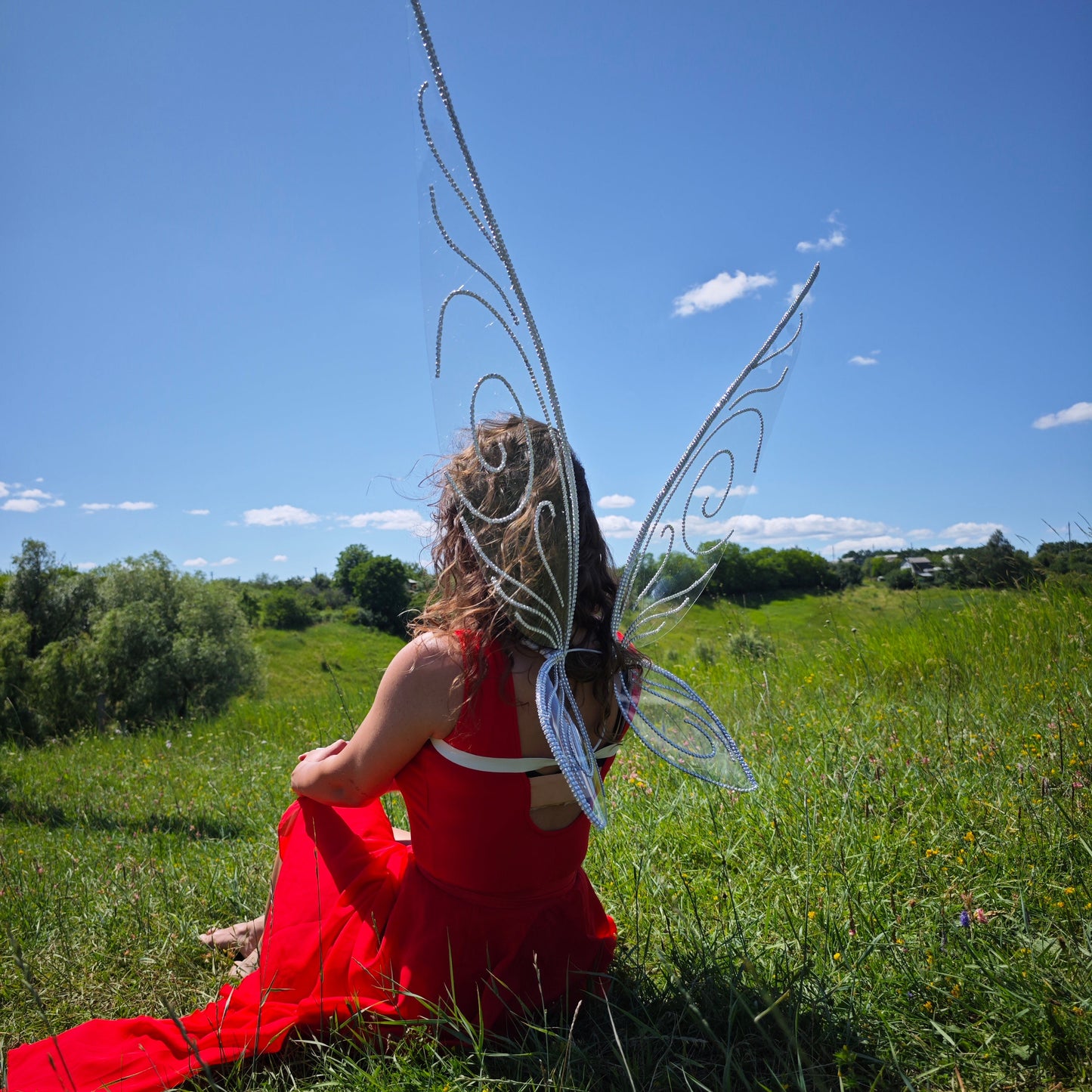 Person in a red dress with fairy wings sitting in a grassy field under a blue sky.