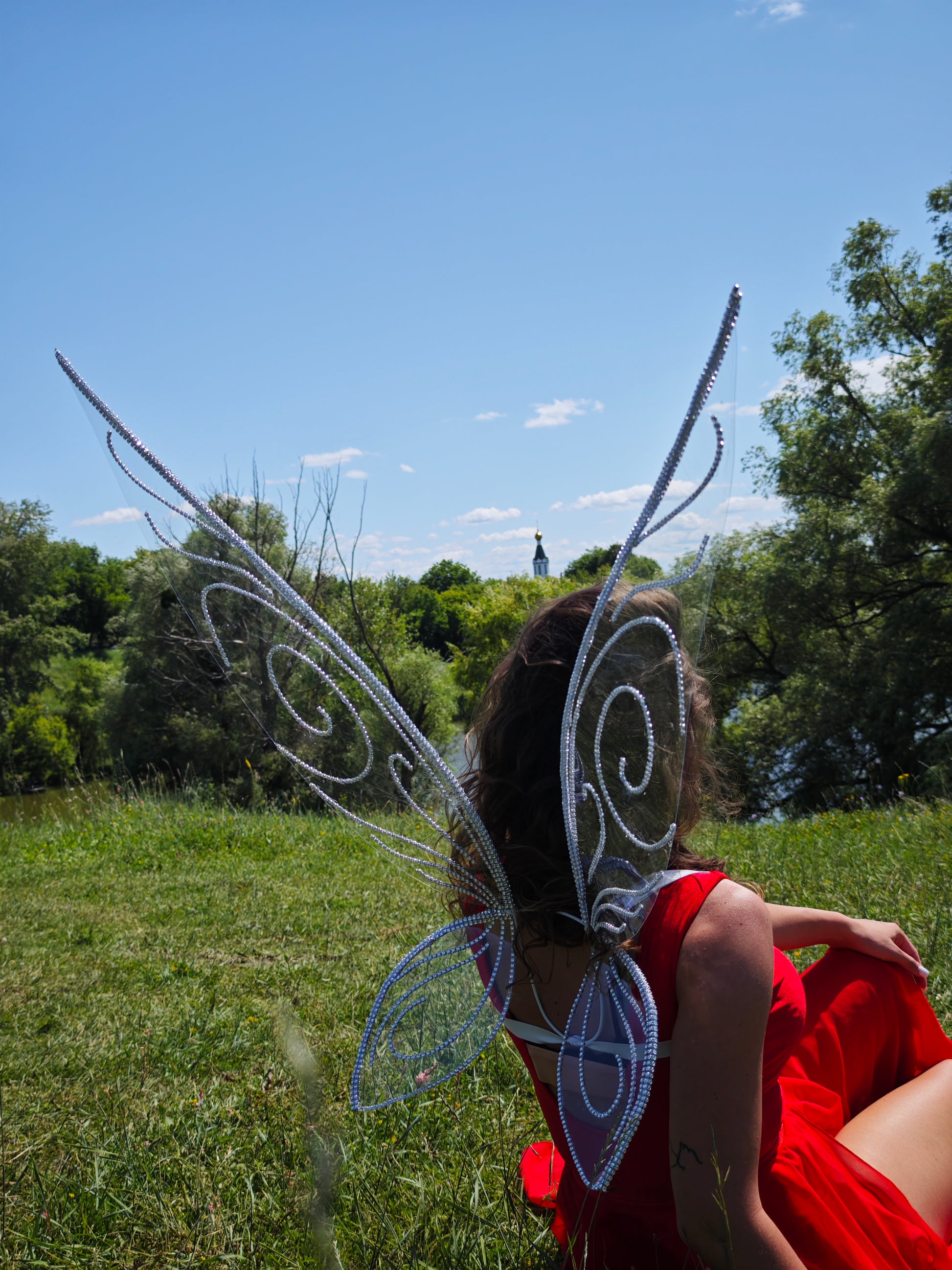 Person wearing large butterfly wings outdoors on a sunny day