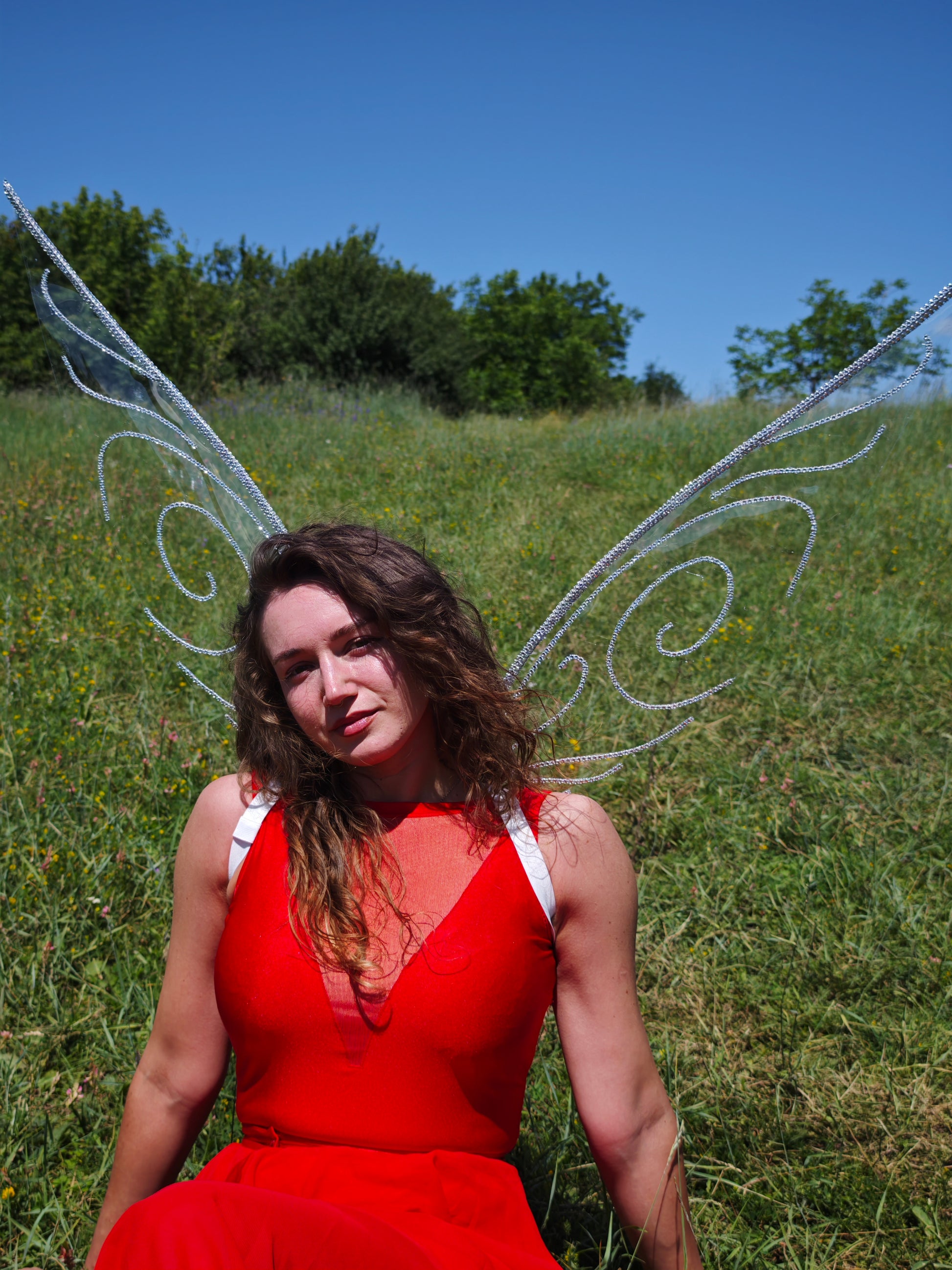 Woman in a red dress with fairy wings sitting in a grassy field.