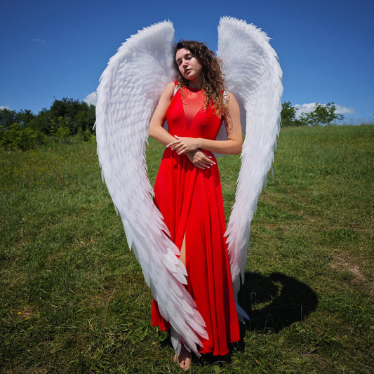 Woman in a red dress with large white wings standing on a grassy field with a blue sky.
