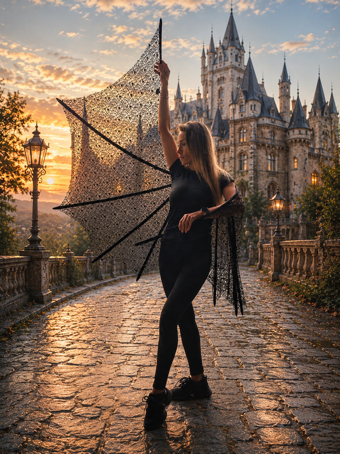 Person holding a large decorative bat wings in front of a castle at sunset.